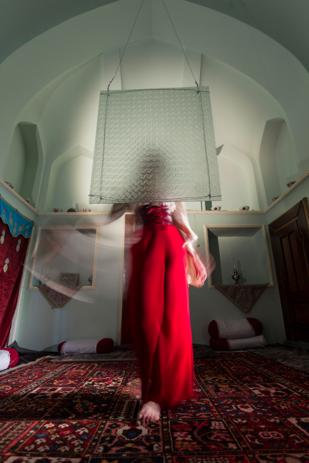 Styled garment in the research colour palette, traditional interior