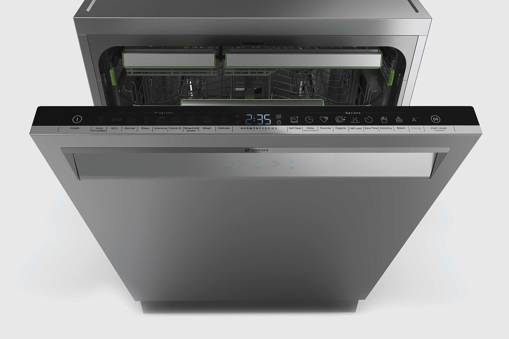 Elegant dishwasher, open, showing the control panel and interior racks