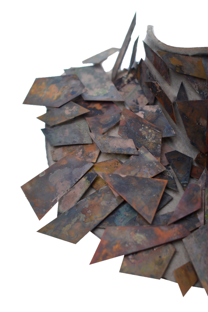 Detail of hand-cut, oxidised copper shards