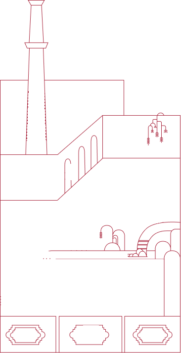 Illustration of the Mil tower in a desert landscape — a hand in an arched window lifts the Nira lamp out and draws it back in, a horse rears and settles, clouds unfurl and curl back, a river flows past, and the word نیرا is written below.