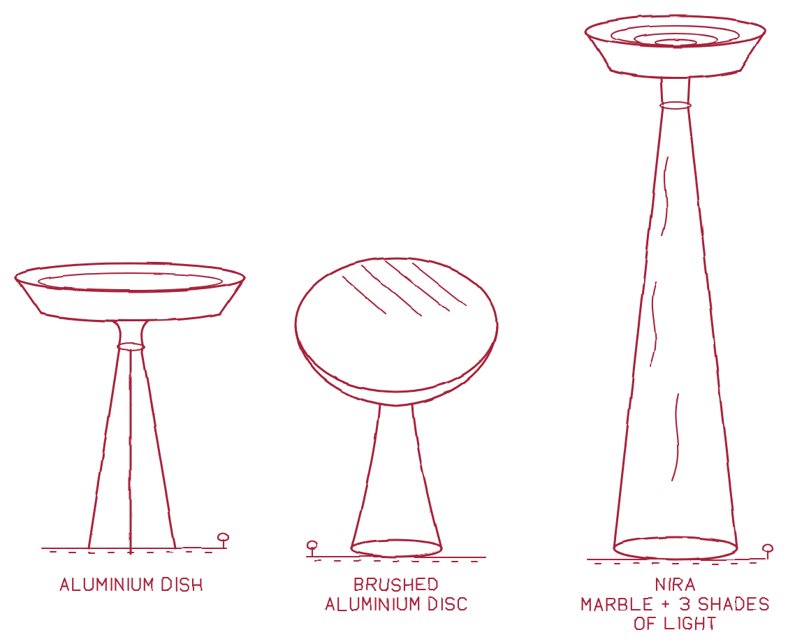 Nira concept sketches: an aluminium dish on three legs, a brushed-aluminium disc on a flared stem, and Nira itself — a dish holding three shades of light on a tall marble cone